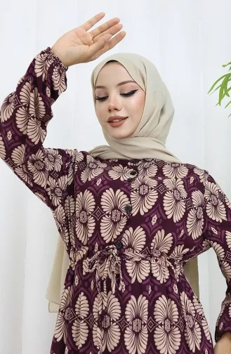 Viscose Stof Geknoopte Jurk Met Patroon 2053-05 Plum Mink 2053-05