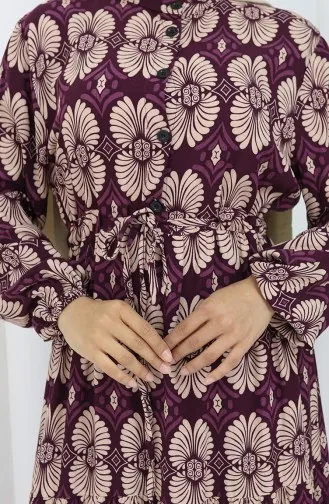 Viscose Stof Geknoopte Jurk Met Patroon 2053-05 Plum Mink 2053-05
