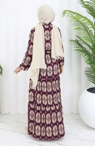 Viscose Stof Geknoopte Jurk Met Patroon 2053-05 Plum Mink 2053-05