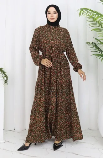Kolu lastikli Desenli Elbise 2057-01 Kahverengi
