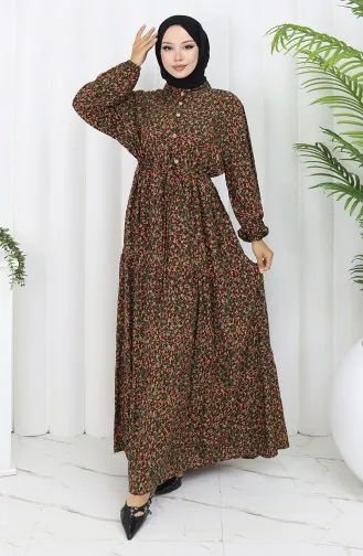 Kolu lastikli Desenli Elbise 2057-01 Kahverengi