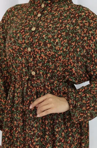 Kolu lastikli Desenli Elbise 2057-01 Kahverengi