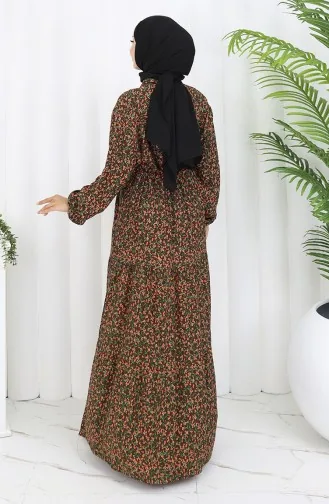 Kolu lastikli Desenli Elbise 2057-01 Kahverengi