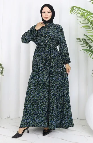 Gemustertes Kleid Mit Elastischen Ärmeln 2057-02 Schwarz 2057-02