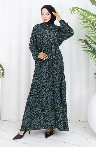 Gemustertes Kleid Mit Elastischen Ärmeln 2057-02 Schwarz 2057-02