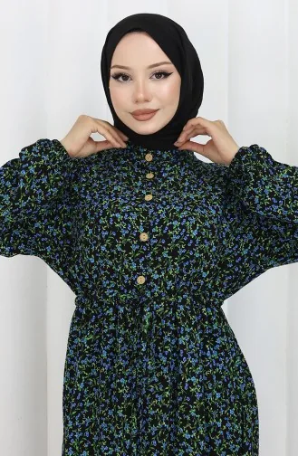Gemustertes Kleid Mit Elastischen Ärmeln 2057-02 Schwarz 2057-02