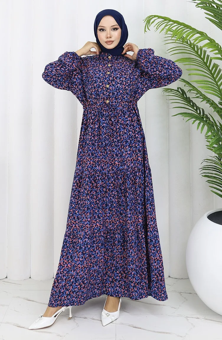 Gemustertes Kleid Mit Elastischen Ärmeln 2057-03 Marineblau 2057-03