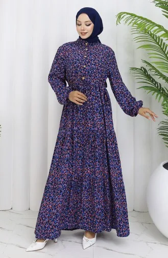 Gemustertes Kleid Mit Elastischen Ärmeln 2057-03 Marineblau 2057-03