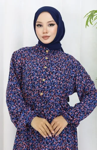 Gemustertes Kleid Mit Elastischen Ärmeln 2057-03 Marineblau 2057-03