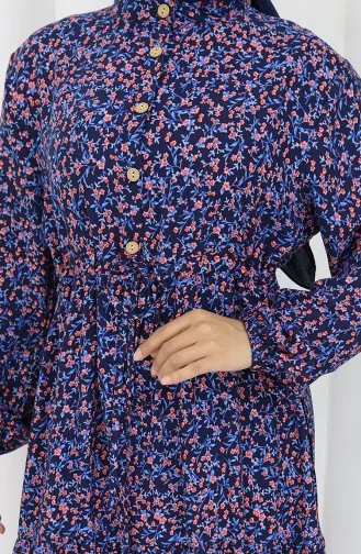 Gemustertes Kleid Mit Elastischen Ärmeln 2057-03 Marineblau 2057-03