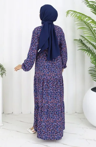 Gemustertes Kleid Mit Elastischen Ärmeln 2057-03 Marineblau 2057-03