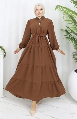 Düğme Detaylı Büzgülü Elbise 2065-03 Kahverengi