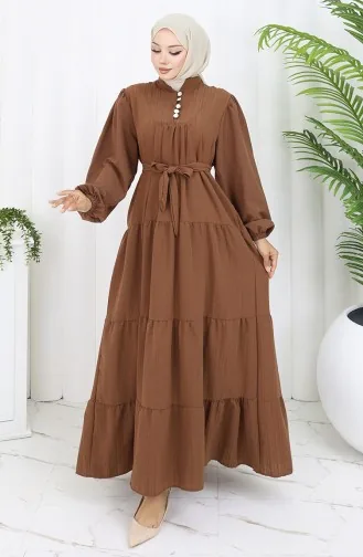 Düğme Detaylı Büzgülü Elbise 2065-03 Kahverengi