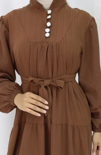Düğme Detaylı Büzgülü Elbise 2065-03 Kahverengi
