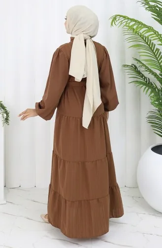 Düğme Detaylı Büzgülü Elbise 2065-03 Kahverengi