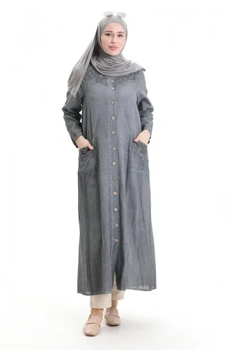 Abaya Authentique En Tissu Şile 4555-01 Gris 4555-01