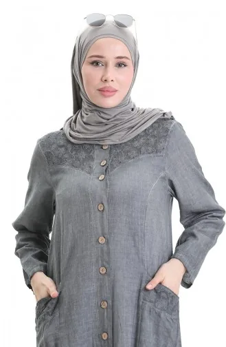 Abaya Authentique En Tissu Şile 4555-01 Gris 4555-01