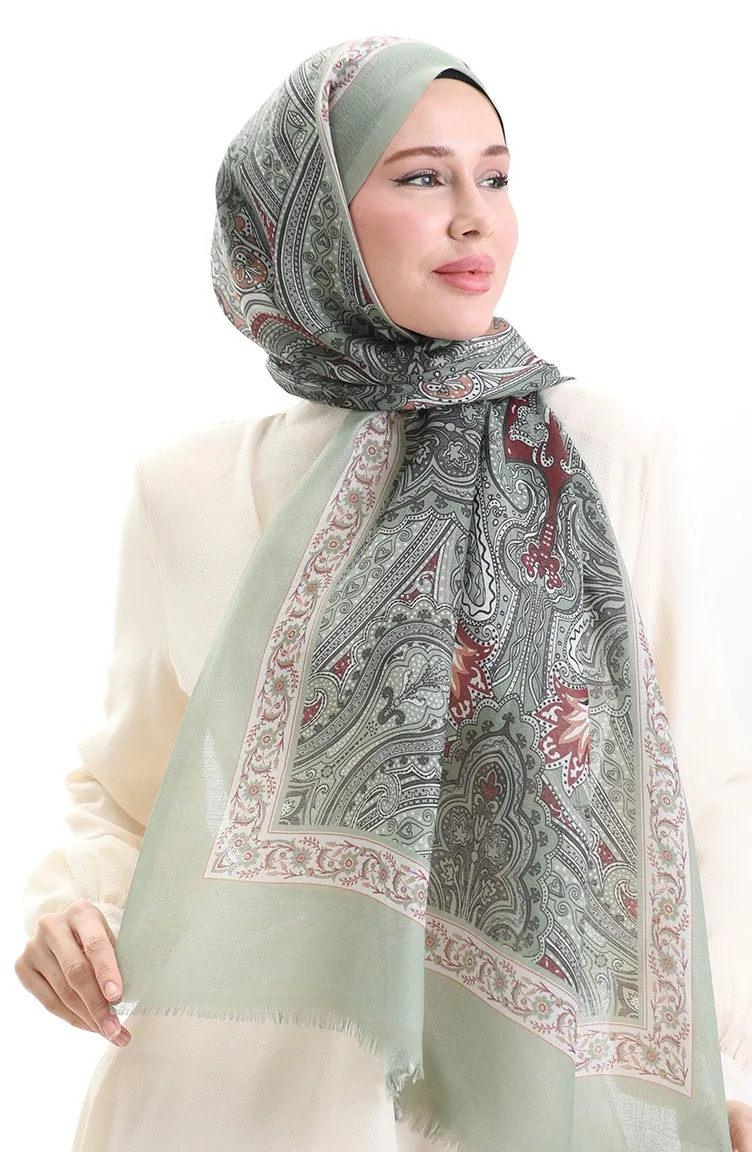 شال قطني بنمط عرقي 90184-15 لون أخضر لوزي أحمر قرمزي 90184-15