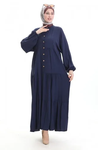 Half Buttoned Dress With A Grandad Collar 0090-03 Dark Navy Blue 0090-03