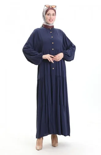 Half Buttoned Dress With A Grandad Collar 0090-03 Dark Navy Blue 0090-03