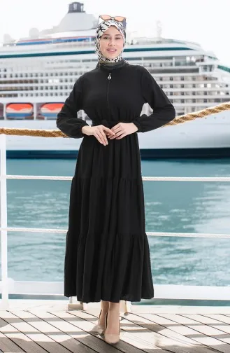 Yarım Fermuarlı Büzgülü Elbise 1202-01 Siyah