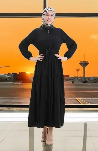 Yarım Fermuarlı Büzgülü Elbise 1202-01 Siyah