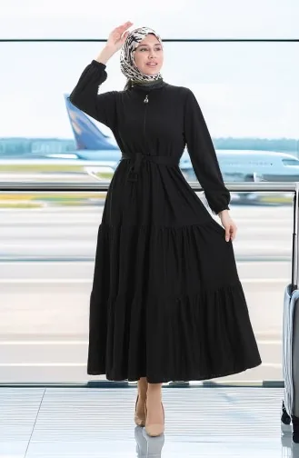 Yarım Fermuarlı Büzgülü Elbise 1202-01 Siyah