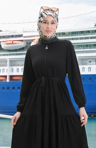 Yarım Fermuarlı Büzgülü Elbise 1202-01 Siyah