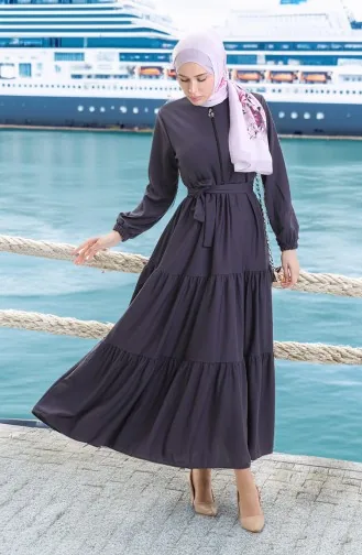 Yarım Fermuarlı Büzgülü Elbise 1202-03 Antrasit