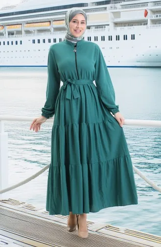 Robe Plissée à Demi-fermeture éclair 1202-04 Vert émeraude 1202-04
