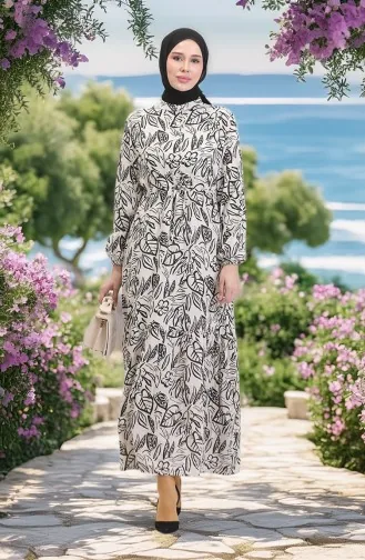 Vorne Geknöpftes Leinenkleid Mit Spitze 0520B-04 Beige Schwarz 0520B-04