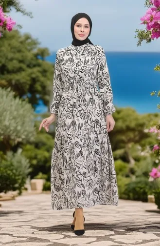 Vorne Geknöpftes Leinenkleid Mit Spitze 0520B-04 Beige Schwarz 0520B-04