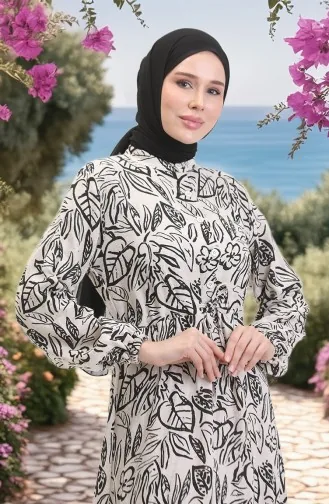 Vorne Geknöpftes Leinenkleid Mit Spitze 0520B-04 Beige Schwarz 0520B-04