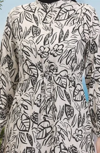 Vorne Geknöpftes Leinenkleid Mit Spitze 0520B-04 Beige Schwarz 0520B-04