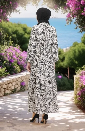 Vorne Geknöpftes Leinenkleid Mit Spitze 0520B-04 Beige Schwarz 0520B-04