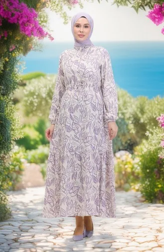 Vorne Geknöpftes Leinenkleid Mit Spitze 0520B-05 Beige Lila 0520B-05