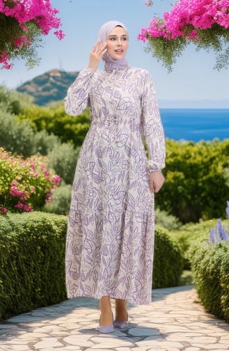 Önden Düğmeli Bağcıklı Keten Elbise 0520B-05 Bej Lila