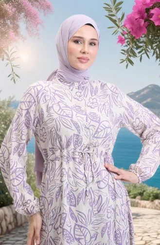 Vorne Geknöpftes Leinenkleid Mit Spitze 0520B-05 Beige Lila 0520B-05