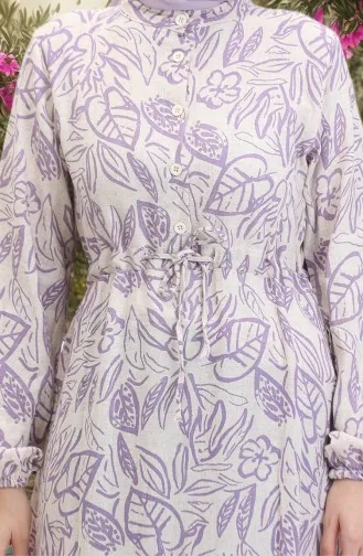 Vorne Geknöpftes Leinenkleid Mit Spitze 0520B-05 Beige Lila 0520B-05