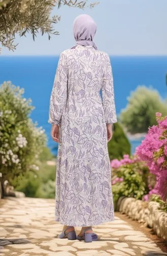 Vorne Geknöpftes Leinenkleid Mit Spitze 0520B-05 Beige Lila 0520B-05