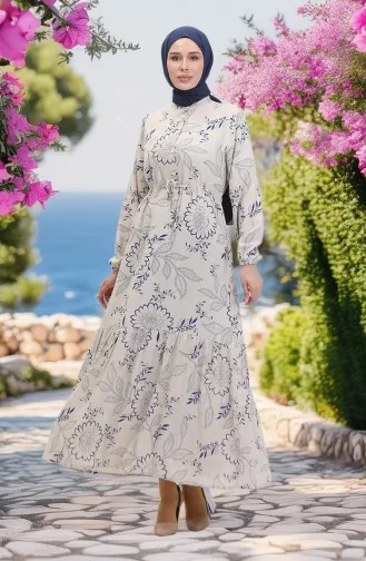 Vorne Geknöpftes Leinenkleid Mit Spitze 0520C-01 Beige Saks 0520C-01