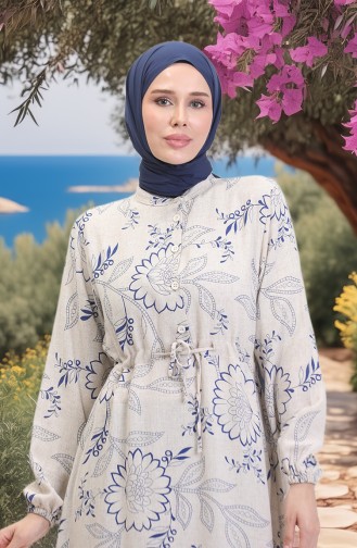Önden Düğmeli Bağcıklı Keten Elbise 0520C-01 Bej Saks