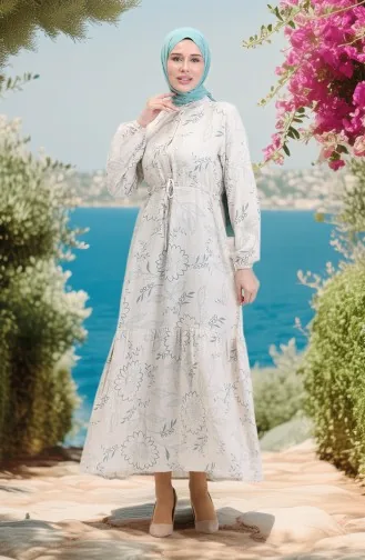 Önden Düğmeli Bağcıklı Keten Elbise 0520C-02 Bej Çağla Yeşili