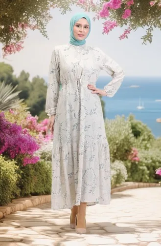 Önden Düğmeli Bağcıklı Keten Elbise 0520C-02 Bej Çağla Yeşili