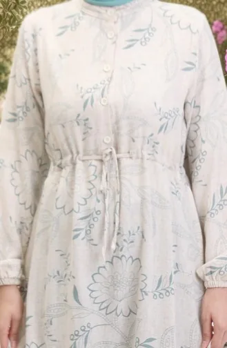 Önden Düğmeli Bağcıklı Keten Elbise 0520C-02 Bej Çağla Yeşili