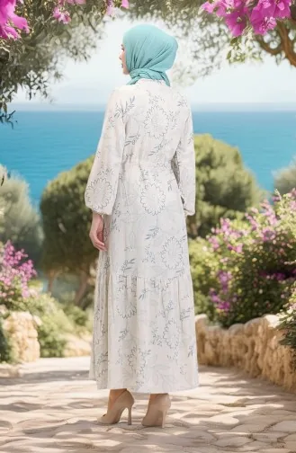 Önden Düğmeli Bağcıklı Keten Elbise 0520C-02 Bej Çağla Yeşili