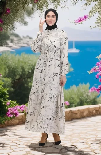 Önden Düğmeli Bağcıklı Keten Elbise 0520C-04 Bej Siyah