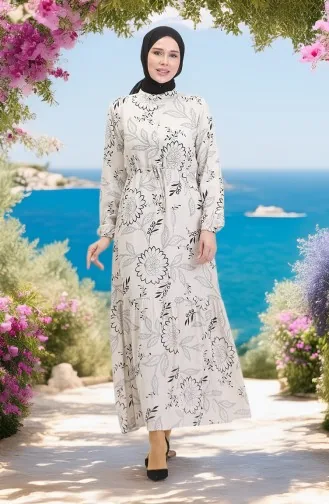 Önden Düğmeli Bağcıklı Keten Elbise 0520C-04 Bej Siyah