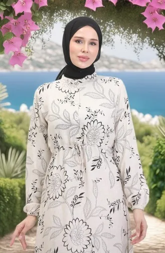 Önden Düğmeli Bağcıklı Keten Elbise 0520C-04 Bej Siyah