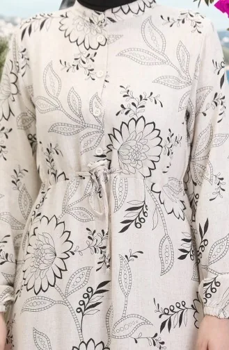 Önden Düğmeli Bağcıklı Keten Elbise 0520C-04 Bej Siyah